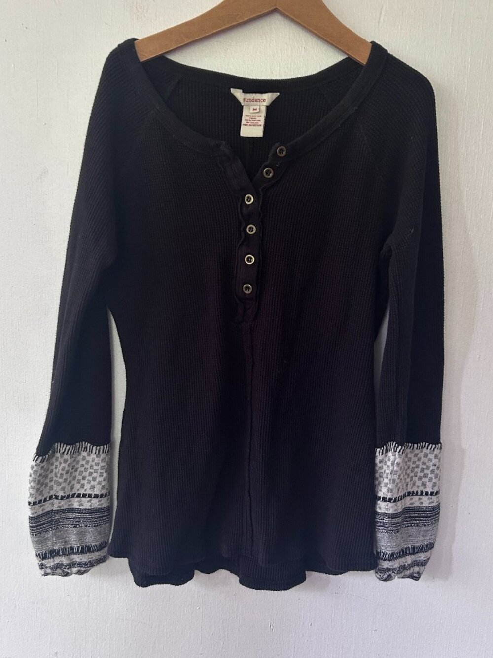 Sundance Waffle Knit Henley Shirt Women Medium Black Boho Cottagecore Dark Fairy